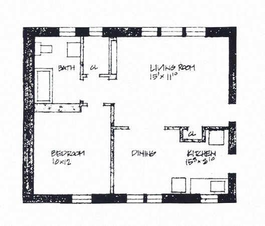 Floor plan for 1 bed, 1 bath, 540 sqft